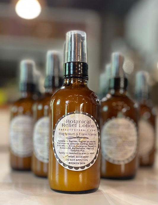 Botanical Relief Lotion infused with magnesium, arnica, Frankincense & more-4 oz pump